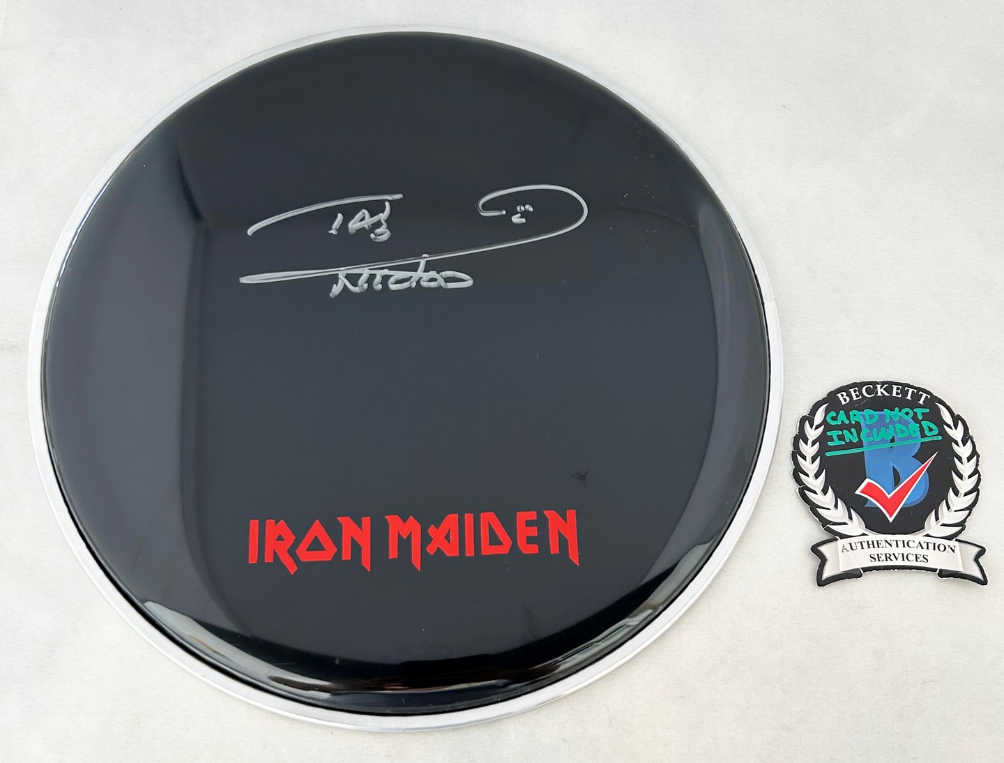 Nicko McBrain Signed Drumhead Iron Maiden Beckett BAS