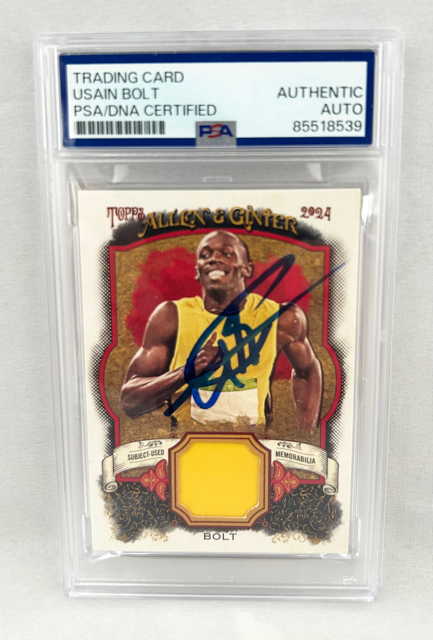 Usain Bolt Signed Card 2024 Topps Allen & Ginter Relic Patch #AGR-UB Olympics PSA/DNA 1