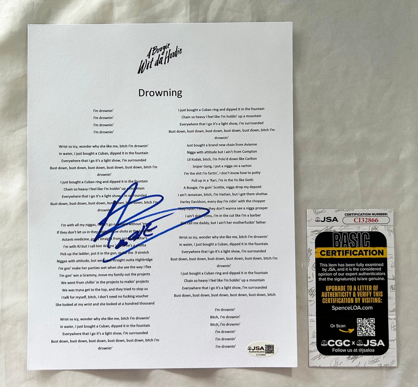 A Boogie Wit Da Hoodie Signed Lyric Sheet JSA