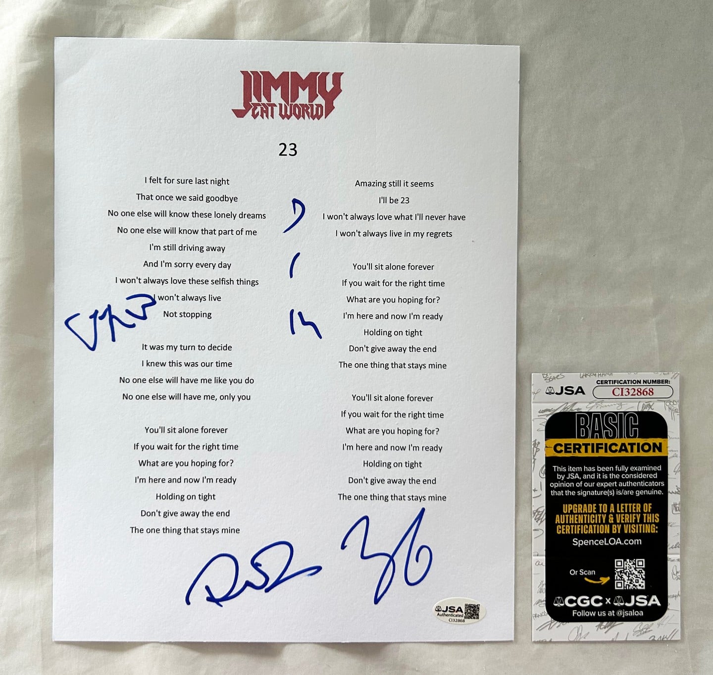 Jimmy Eat World Signed Lyric Sheet Jim Adkins Lind Linton Burch JSA 1