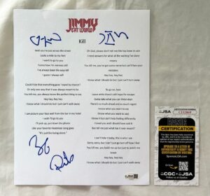 Jimmy Eat World Signed Lyric Sheet Jim Adkins Lind Linton Burch JSA 2