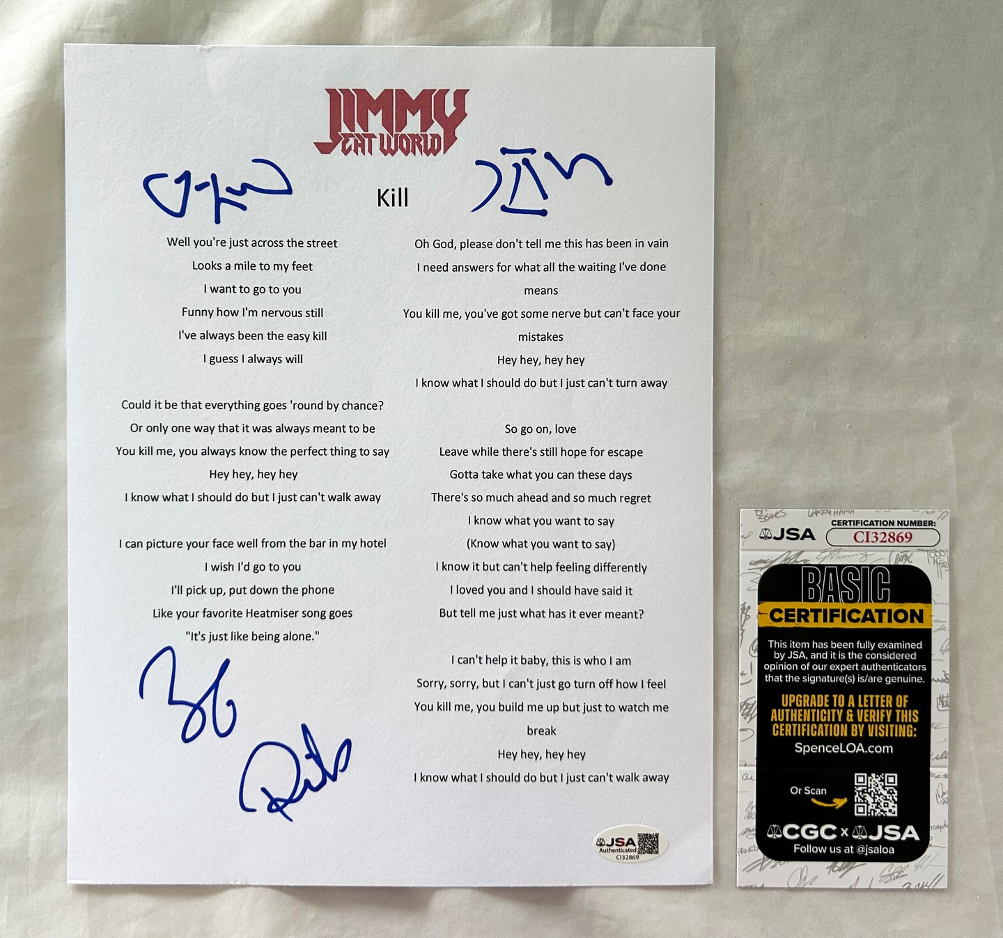 Jimmy Eat World Signed Lyric Sheet Jim Adkins Lind Linton Burch JSA 2