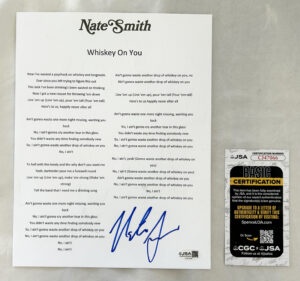 Nate Smith Signed Lyric Sheet Whiskey On You JSA
