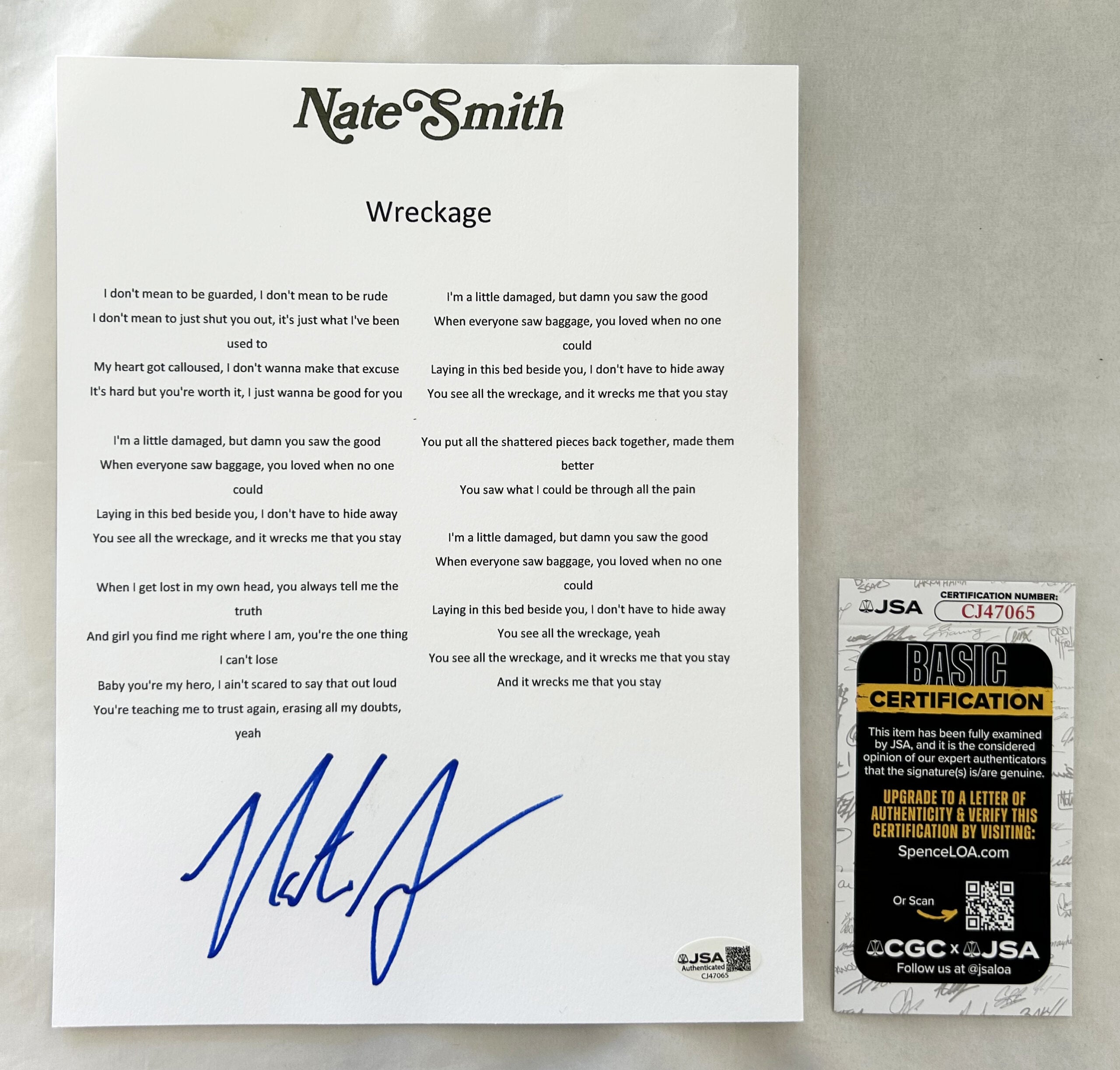 Nate Smith Signed Lyric Sheet Wreckage JSA