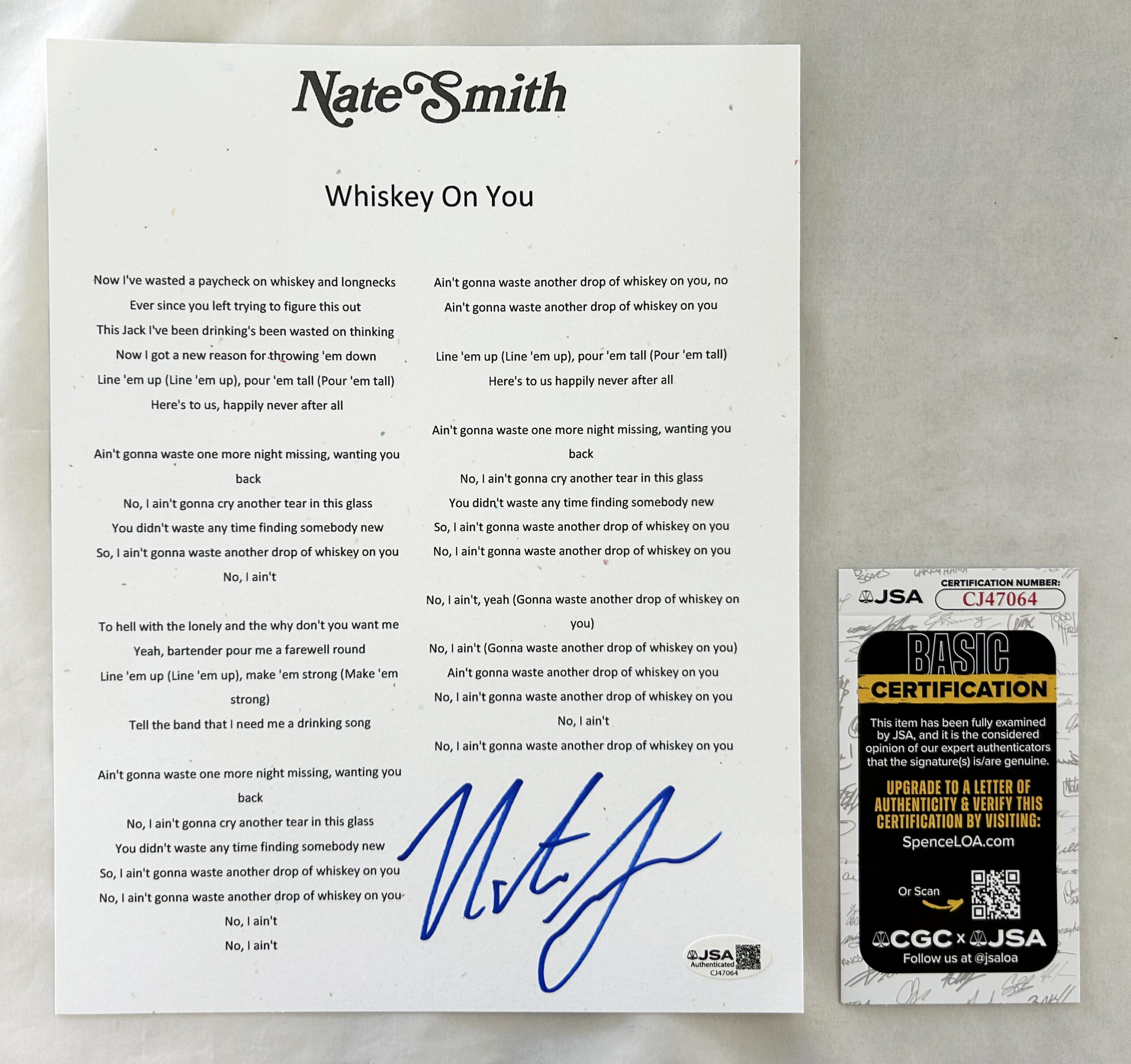 Nate Smith Signed Lyric Sheet Whiskey On You JSA 1