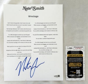 Nate Smith Signed Lyric Sheet Wreckage JSA 1