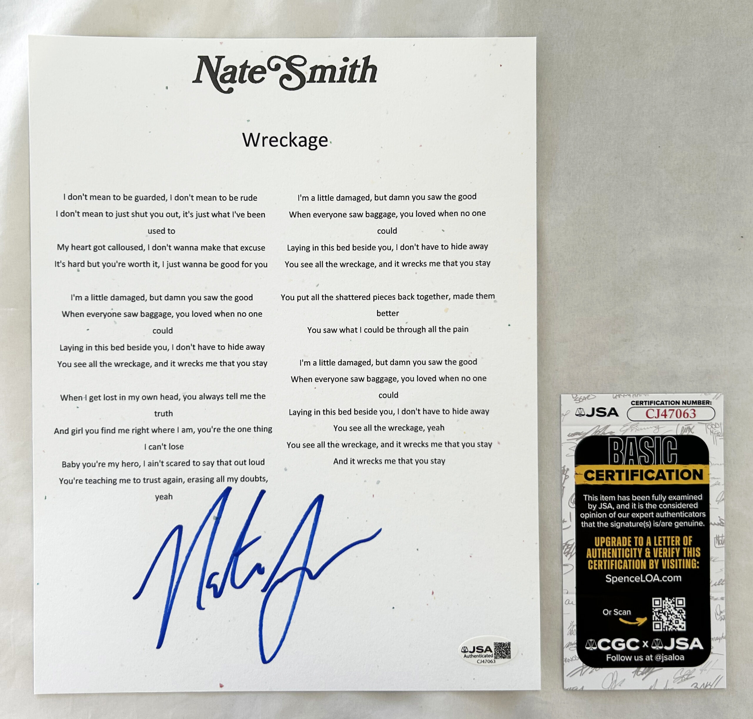 Nate Smith Signed Lyric Sheet Wreckage JSA 1
