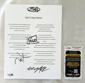 311 Band Signed Lyric Sheet Dont Stay Home P-Nut Sexton Mahoney JSA