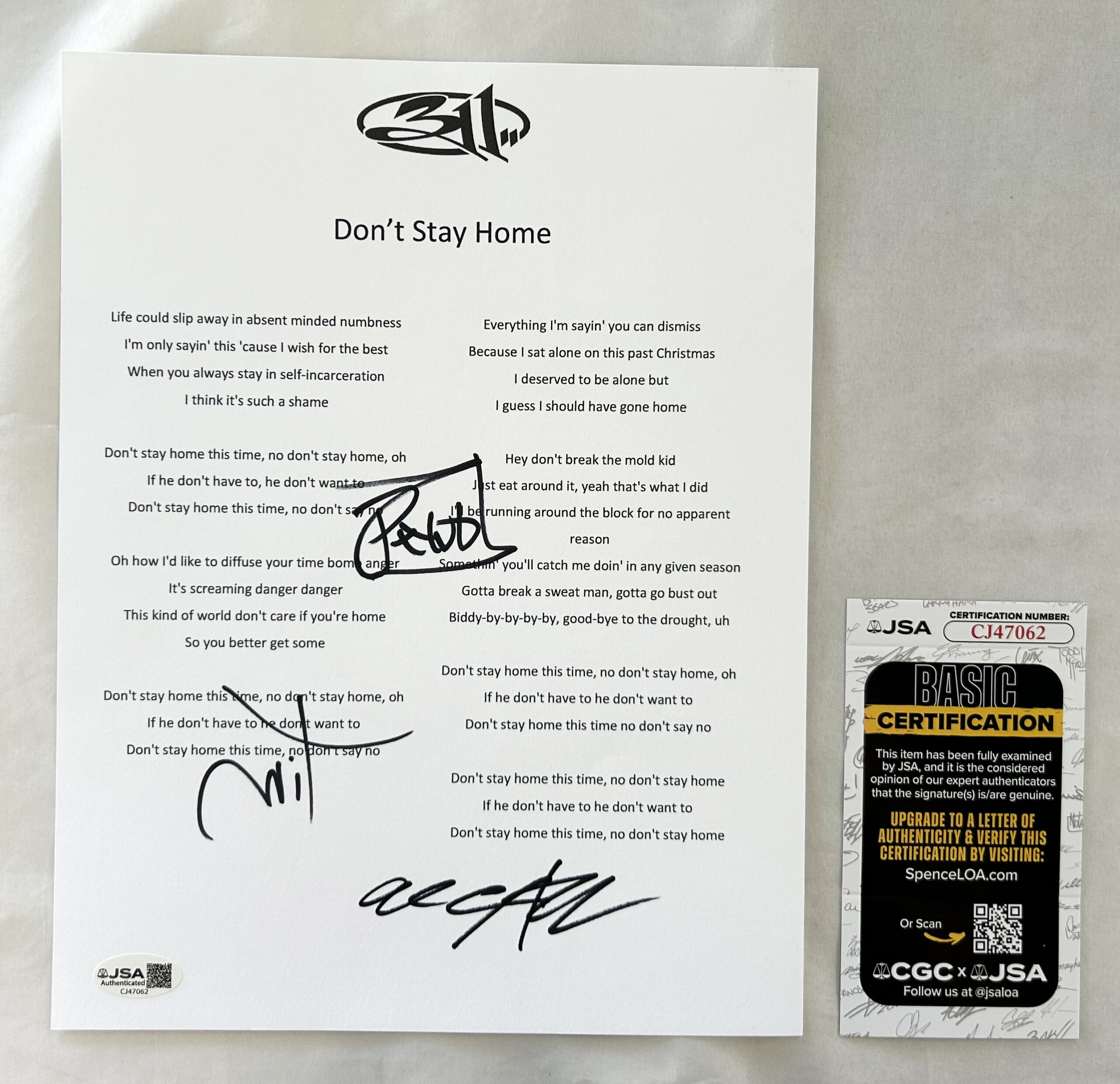 311 Band Signed Lyric Sheet Dont Stay Home P-Nut Sexton Mahoney JSA