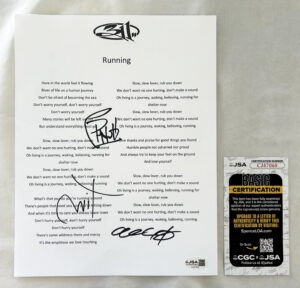 311 Band Signed Lyric Sheet Running P-Nut Sexton Mahoney JSA