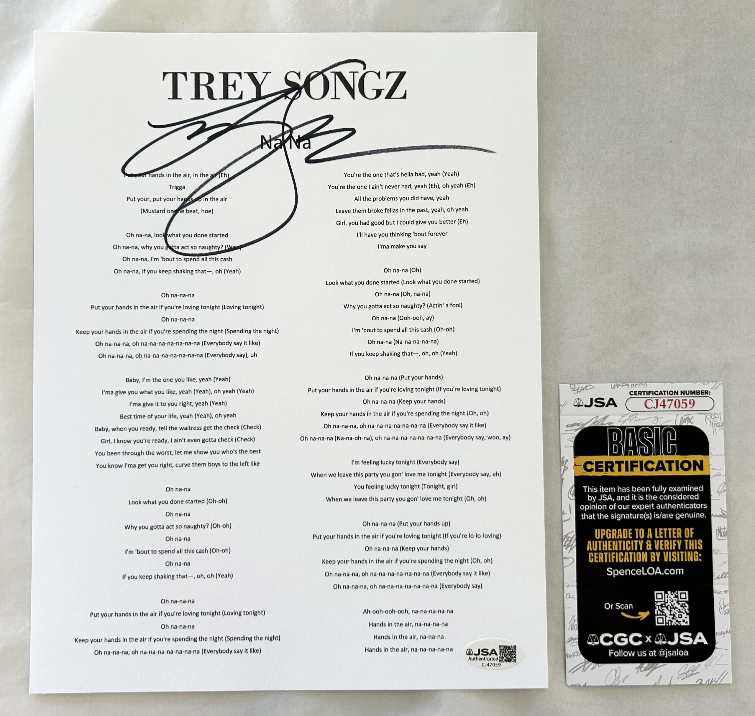Trey Songz Signed Lyric Sheet Na Na JSA
