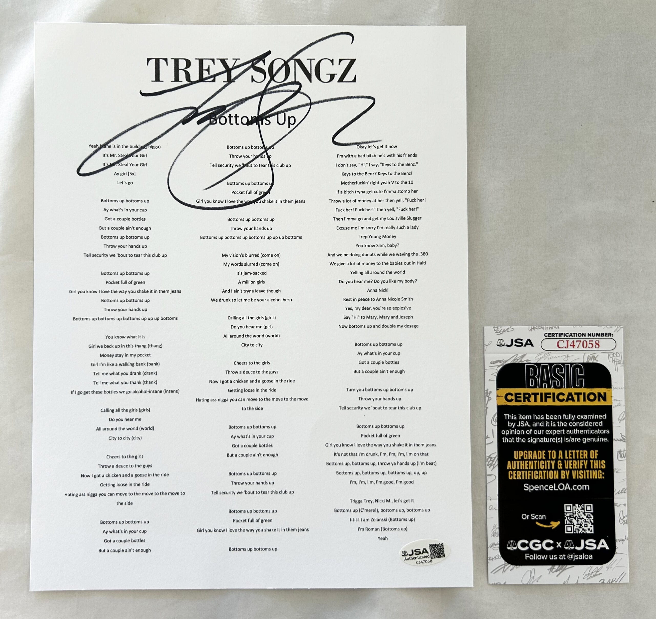 Trey Songz Signed Lyric Sheet Bottoms Up JSA
