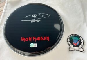Nicko McBrain Signed Drumhead Iron Maiden Beckett BAS 1