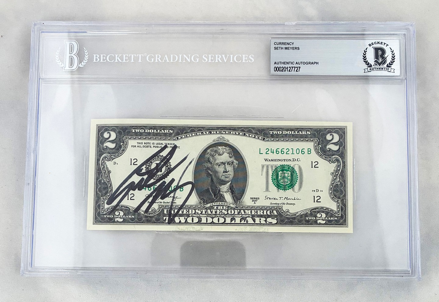 Seth Meyers Signed $2 Bill US Currency Beckett BAS