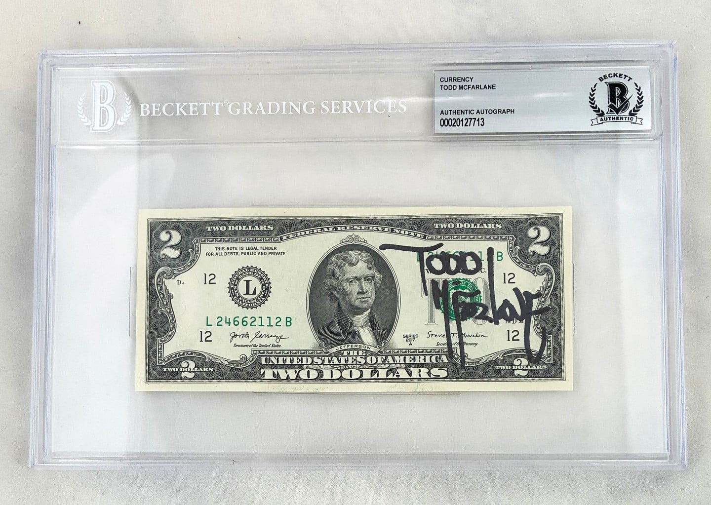 Todd McFarlane Signed $2 Bill US Currency Beckett BAS
