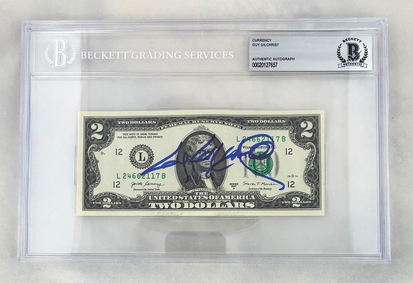 Guy Gilchrist Signed $2 Bill US Currency Beckett BAS