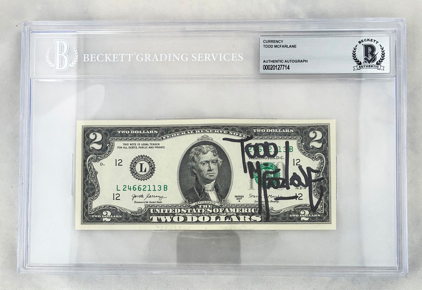 Todd McFarlane Signed $2 Bill US Currency Beckett BAS 1