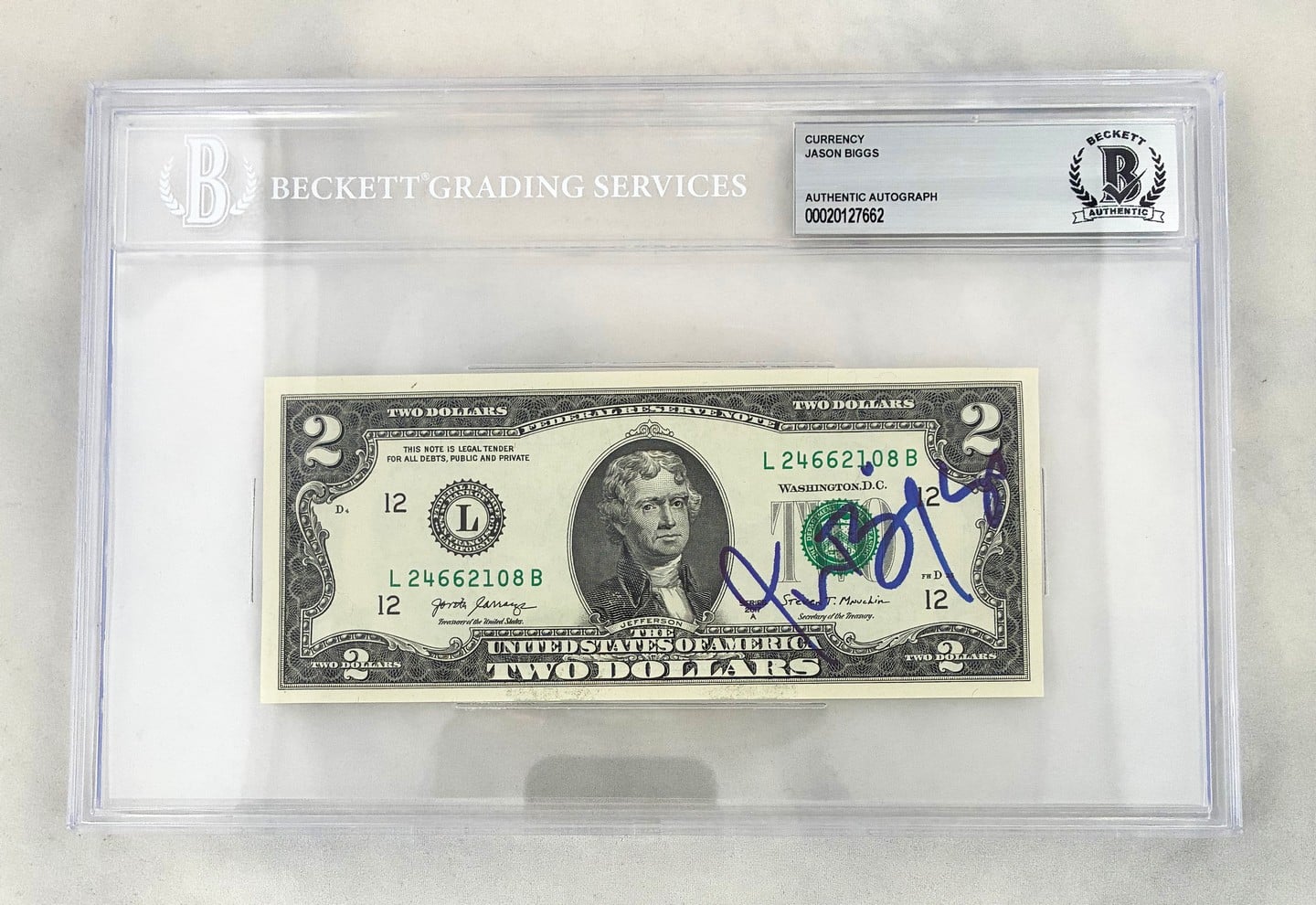 Jason Biggs Signed $2 Bill US Currency Beckett BAS