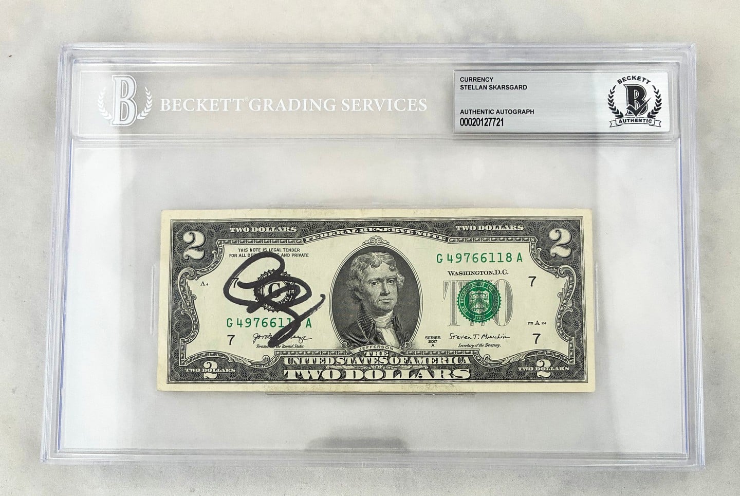 Stellan Skarsgard Signed $2 Bill US Currency Beckett BAS