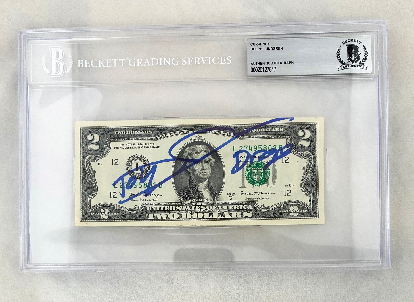 Dolph Lundgren Signed $2 Bill US Currency Beckett BAS