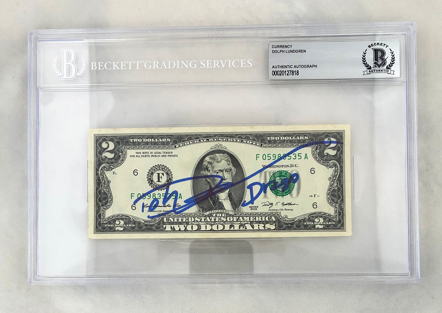Dolph Lundgren Signed $2 Bill US Currency Beckett BAS 1