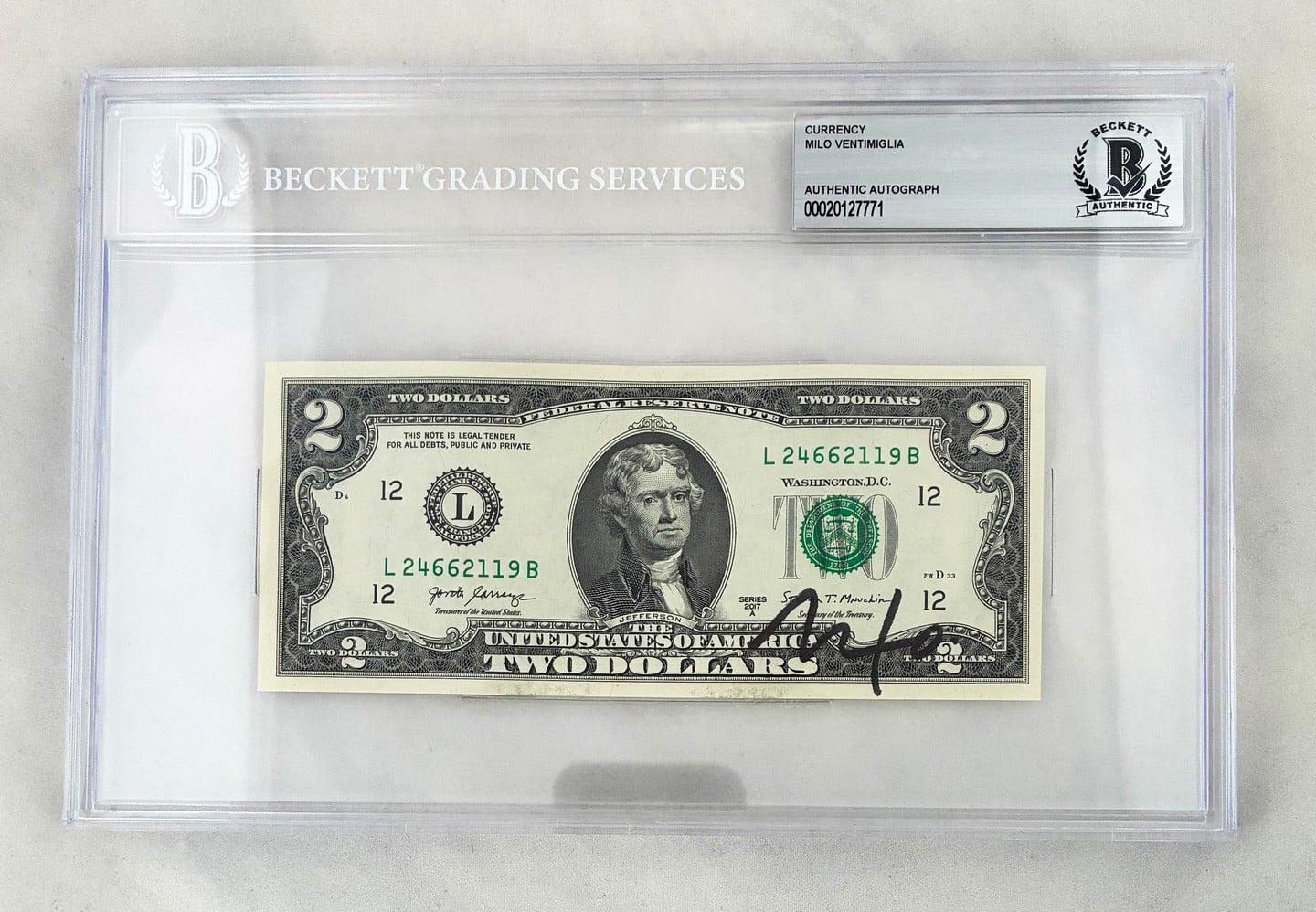 Milo Ventimiglia Signed $2 Bill US Currency Beckett BAS