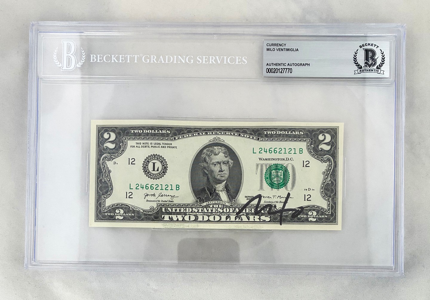 Milo Ventimiglia Signed $2 Bill US Currency Beckett BAS 1