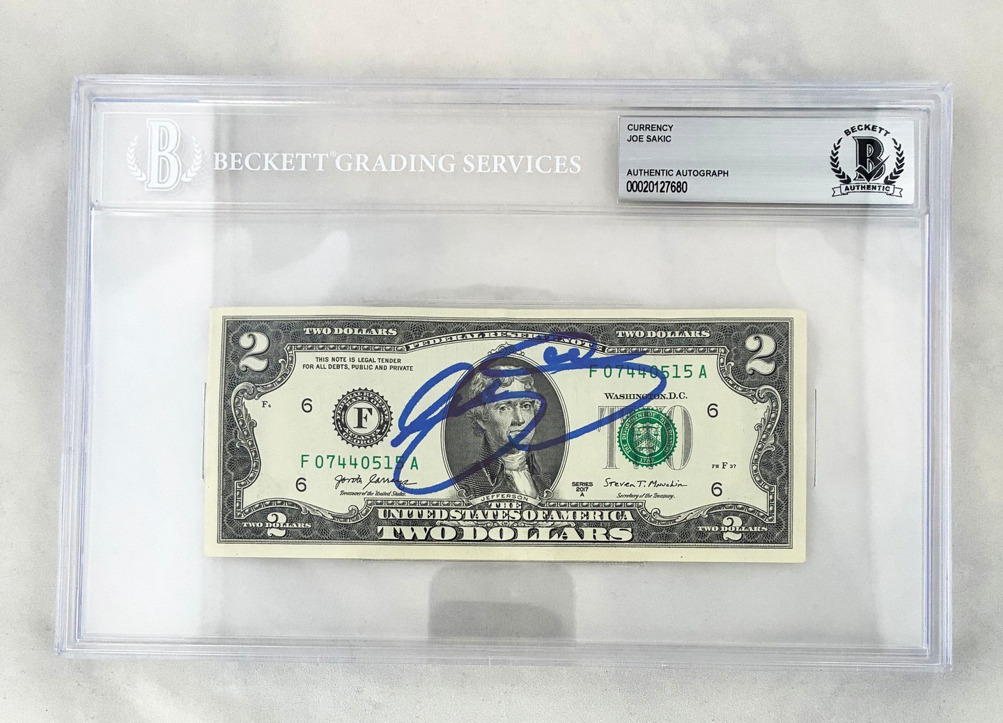 Joe Sakic Signed $2 Bill US Currency Colorado Avalanche Beckett BAS 2