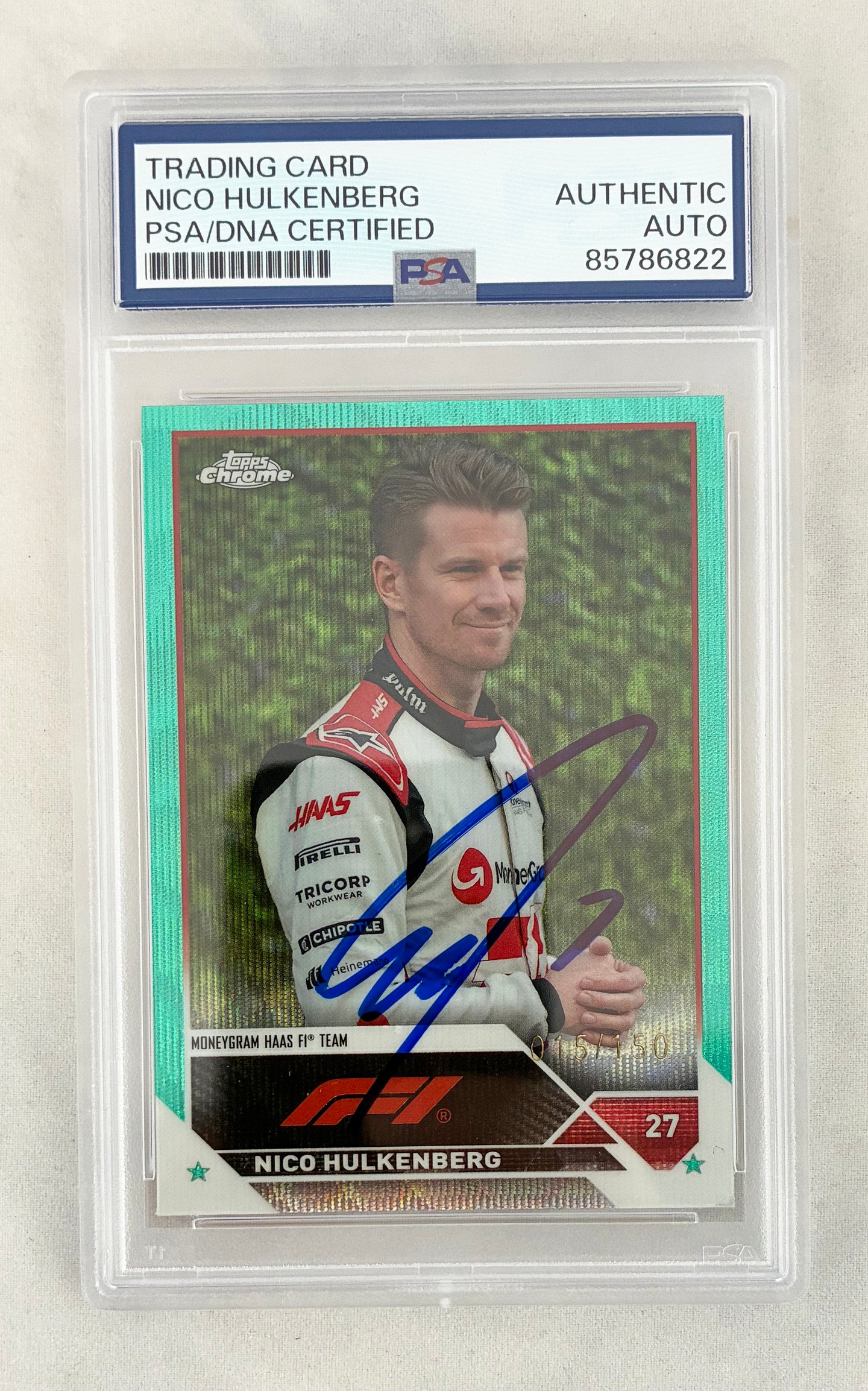 Nico Hulkenberg Signed Card 2023 Topps Chrome Aqua Refractor F1 #47 PSA/DNA