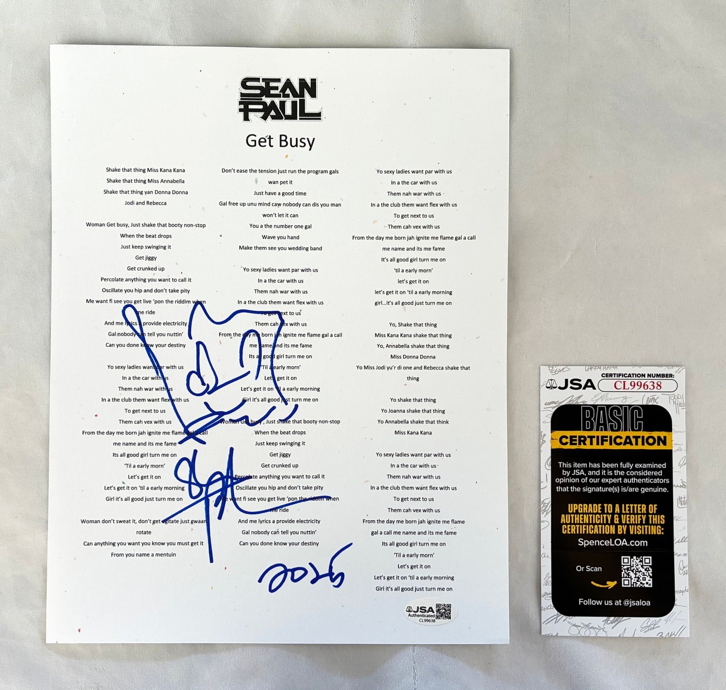 Sean Paul Signed Lyric Sheet Get Busy JSA