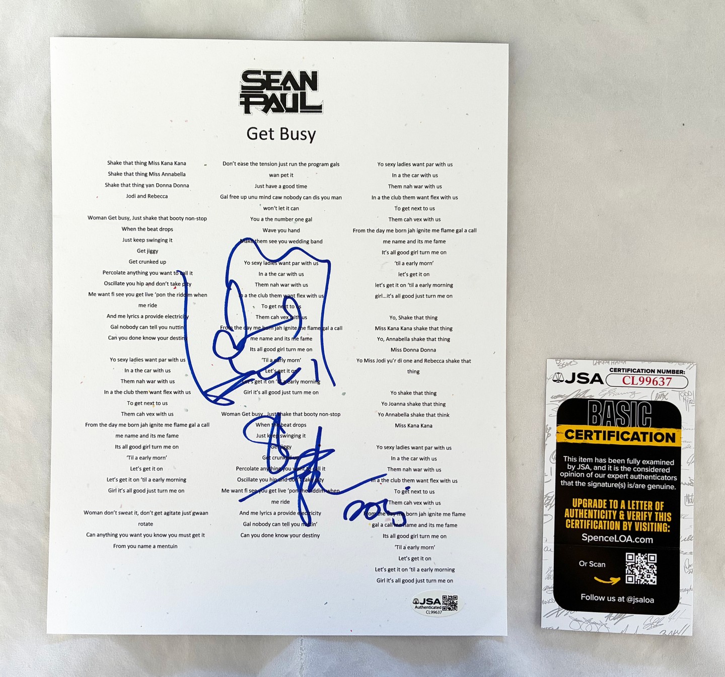 Sean Paul Signed Lyric Sheet Get Busy JSA 1