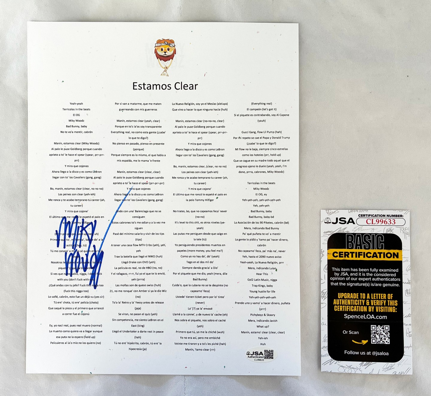 Miky Woodz Signed Lyric Sheet Estamos Clear JSA
