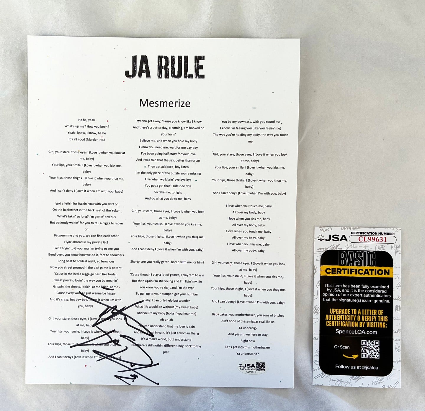 Ja Rule Signed Lyric Sheet Mermerize JSA