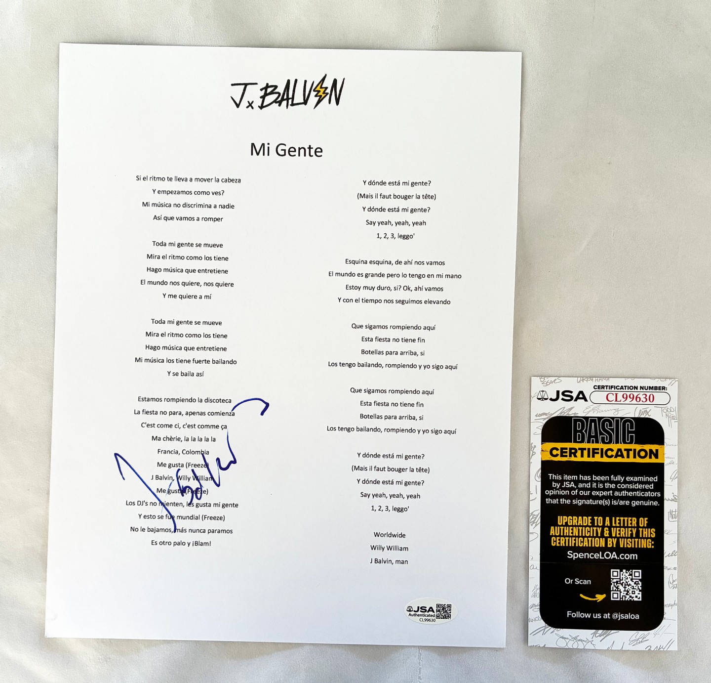 J Balvin Signed Lyric Sheet Mi Gente JSA