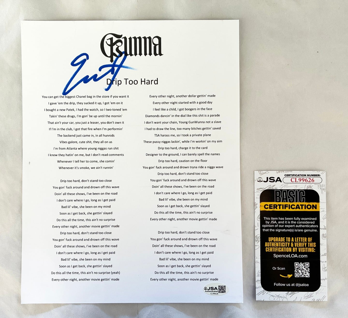 Gunna Signed Lyric Sheet Pushin' P JSA 1