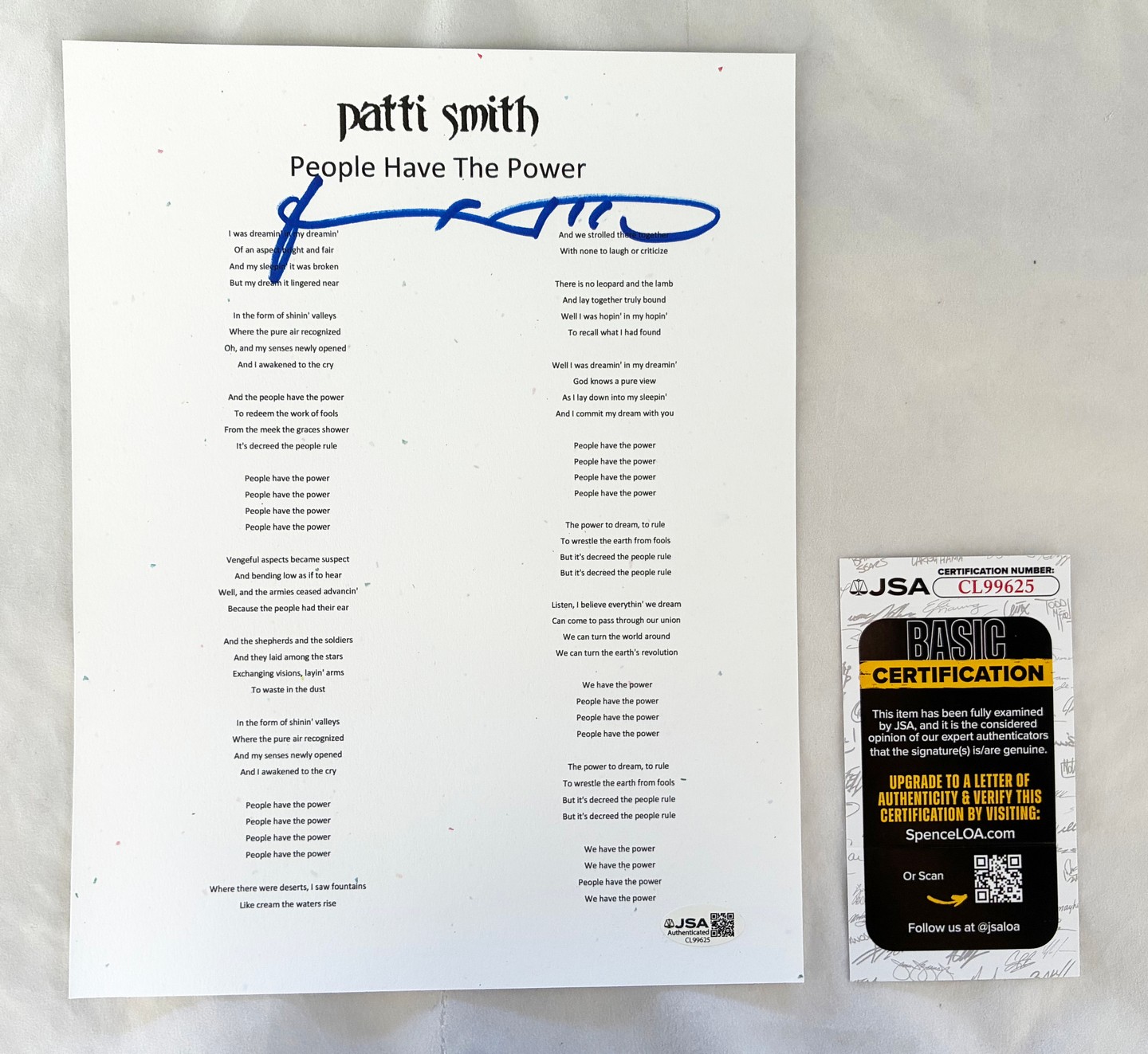 Patti Smith Signed Lyric Sheet People Have The Power JSA