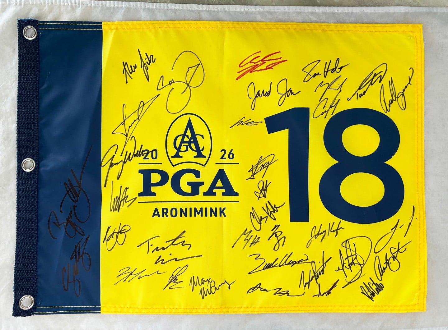 2026 PGA Championship Signed Flag JSA Chris Gotterup, Ludvig Aberg, Aaron Rai, Day, Dechambeau, Niemann, Fleetwood, Others