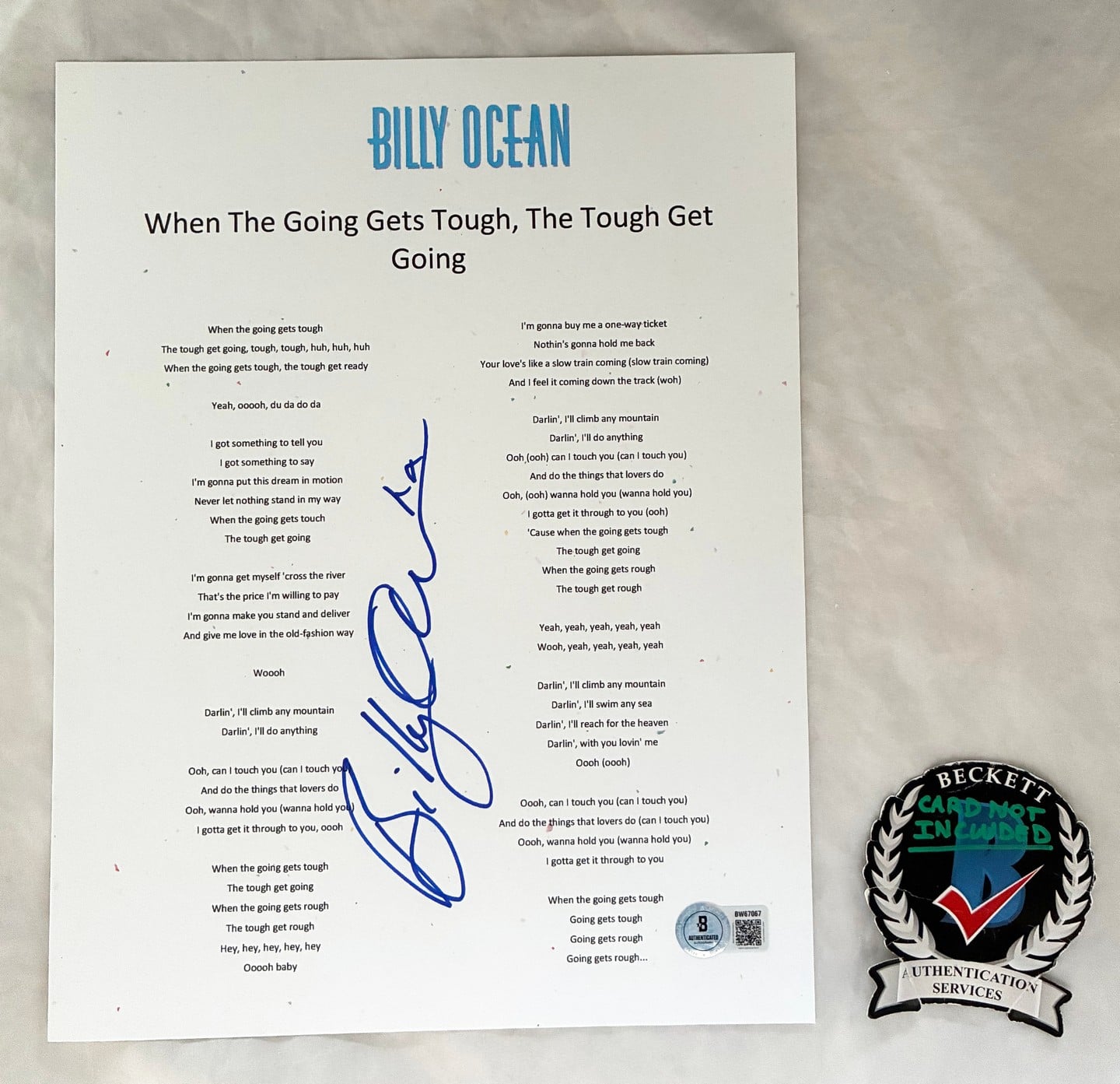 Billy Ocean Signed Lyric Sheet When The Going Gets Tough Beckett BAS