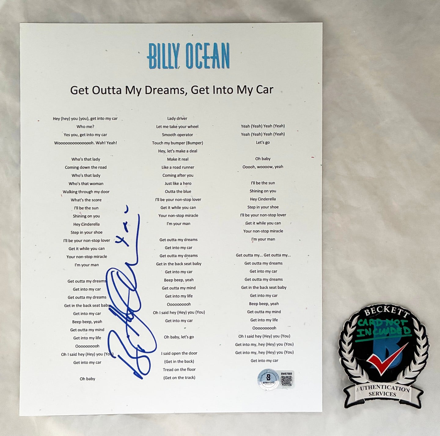 Billy Ocean Signed Lyric Sheet Get Outta My Dreams Get Into My Car Beckett BAS