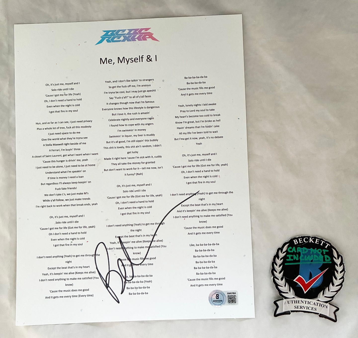 Bebe Rexha Signed Lyric Sheet Me Myself and I Beckett BAS