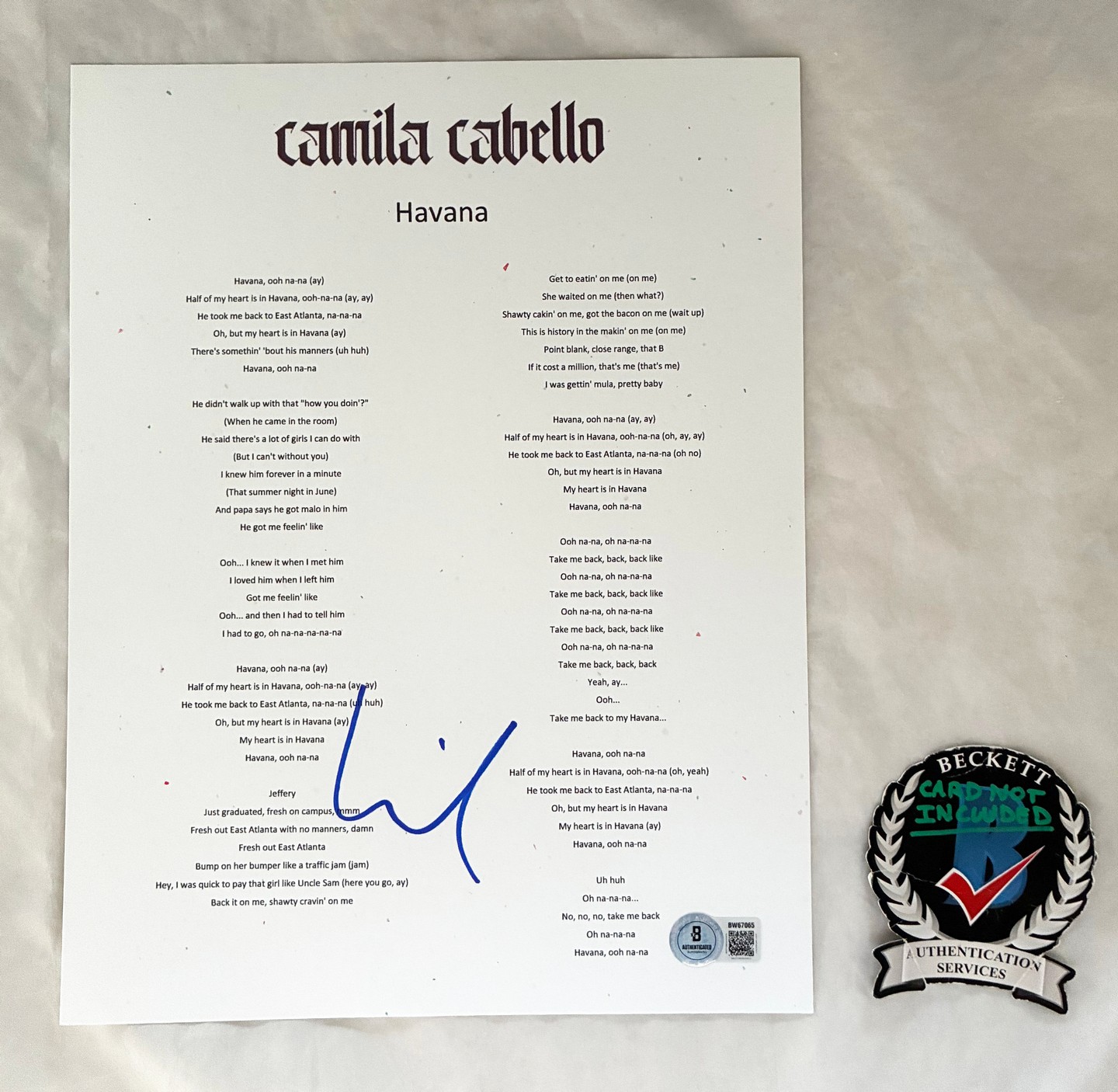 Camila Cabello Signed Lyric Sheet Havana Beckett BAS