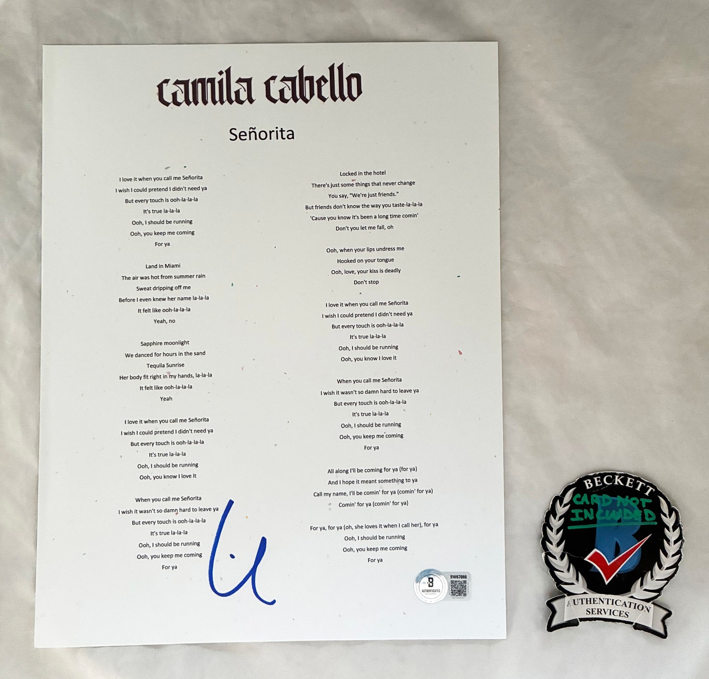 Camila Cabello Signed Lyric Sheet Señorita Beckett BAS