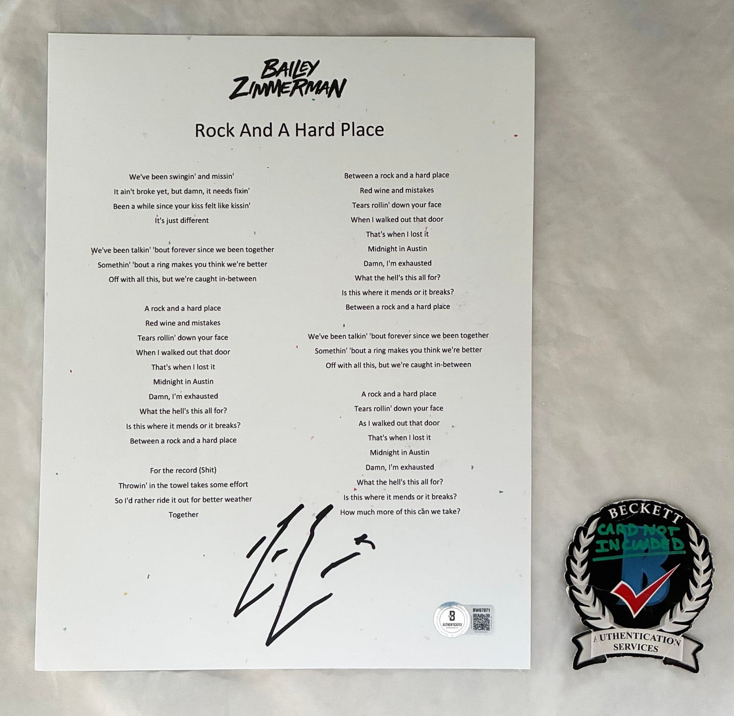 Bailey Zimmerman Signed Lyric Sheet Rock and A Hard Place Beckett BAS