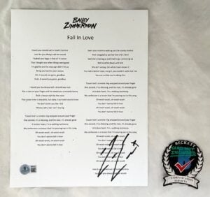 Bailey Zimmerman Signed Lyric Sheet Fall In Love Beckett BAS