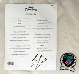 Bailey Zimmerman Signed Lyric Sheet Religiously Beckett BAS
