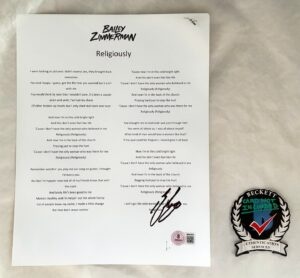 Bailey Zimmerman Signed Lyric Sheet Religiosly Beckett BAS 1