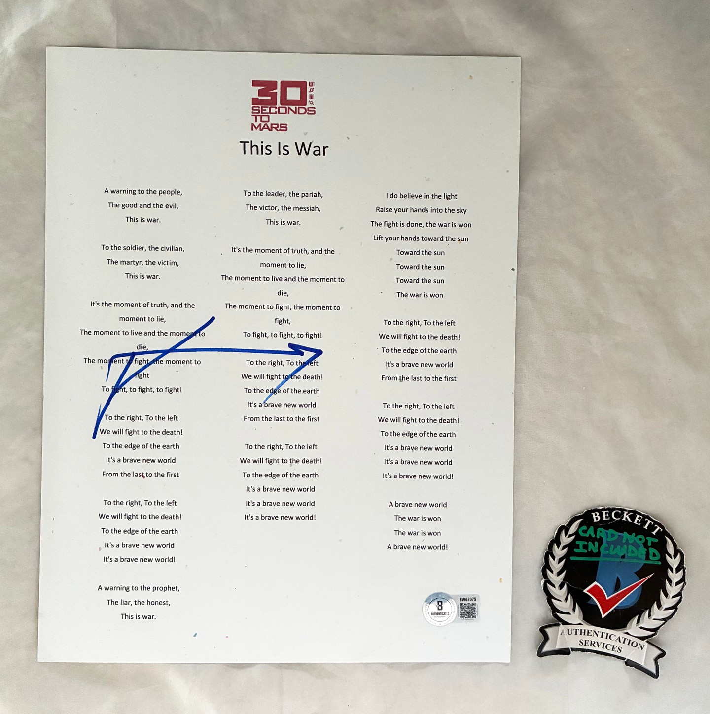 Jared Leto Signed Lyric Sheet 30 Seconds To Mars This Is War Beckett BAS