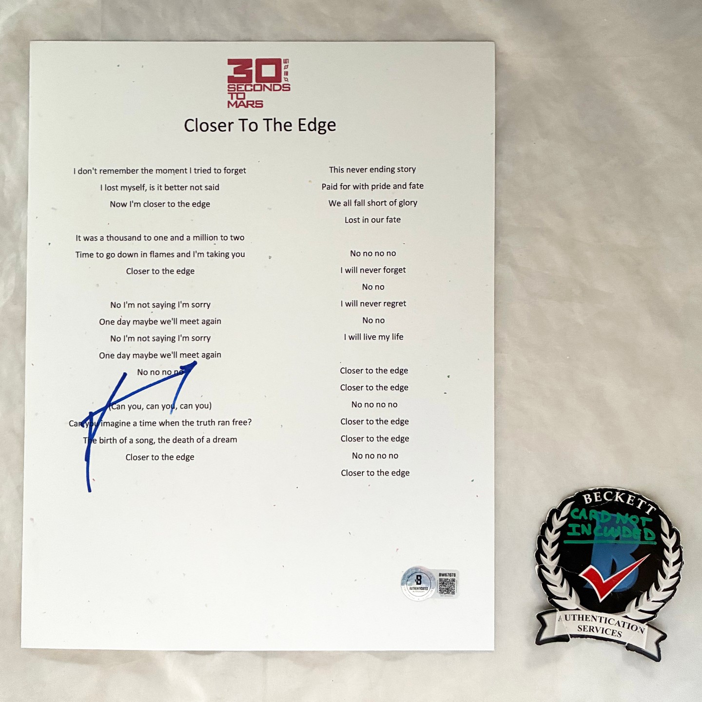 Jared Leto Signed Lyric Sheet 30 Seconds To Mars Closer To The Edge Beckett BAS