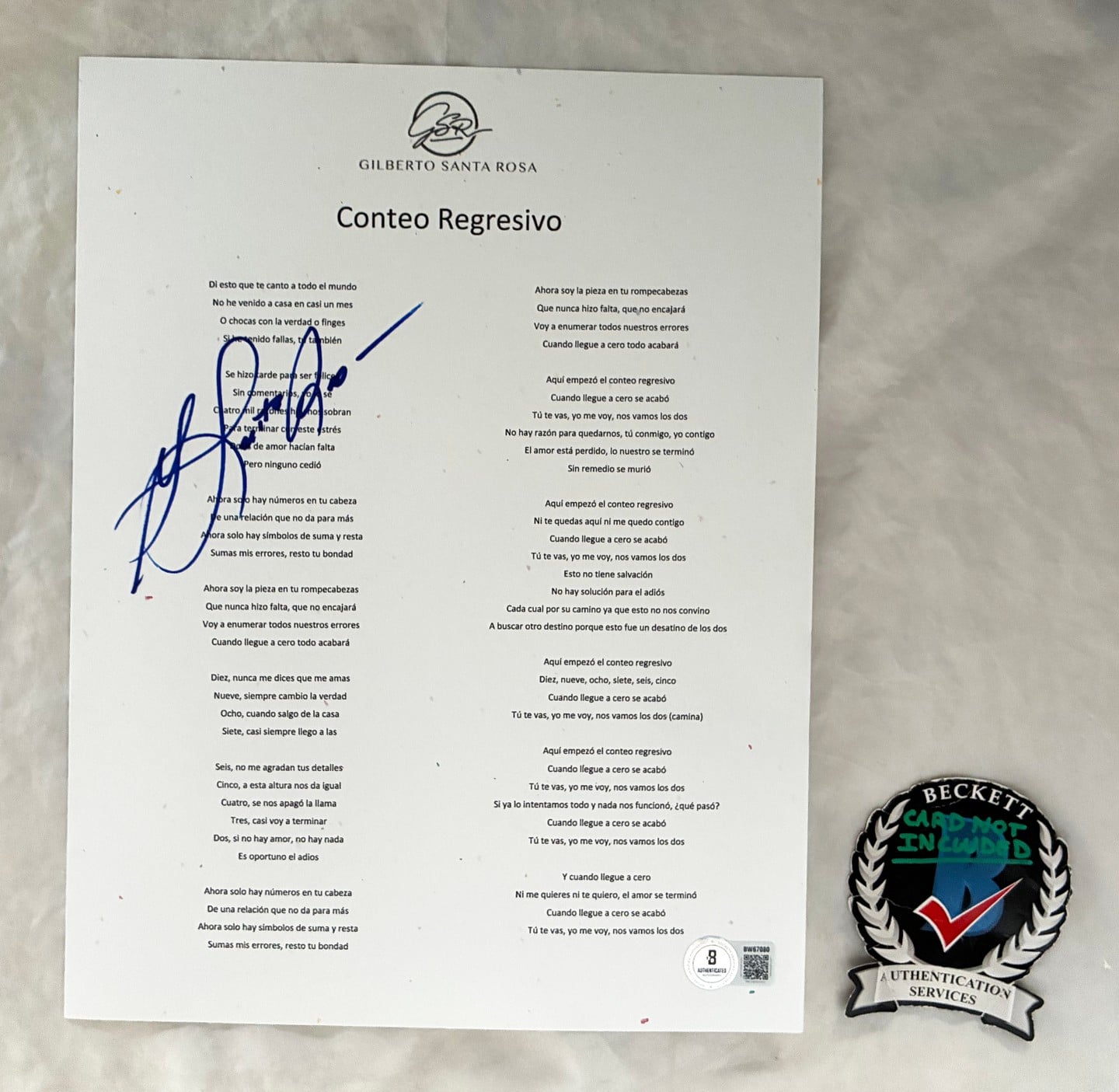 Gilberto Santa Rosa Signed Lyric Sheet Conteo Regresivo Beckett BAS