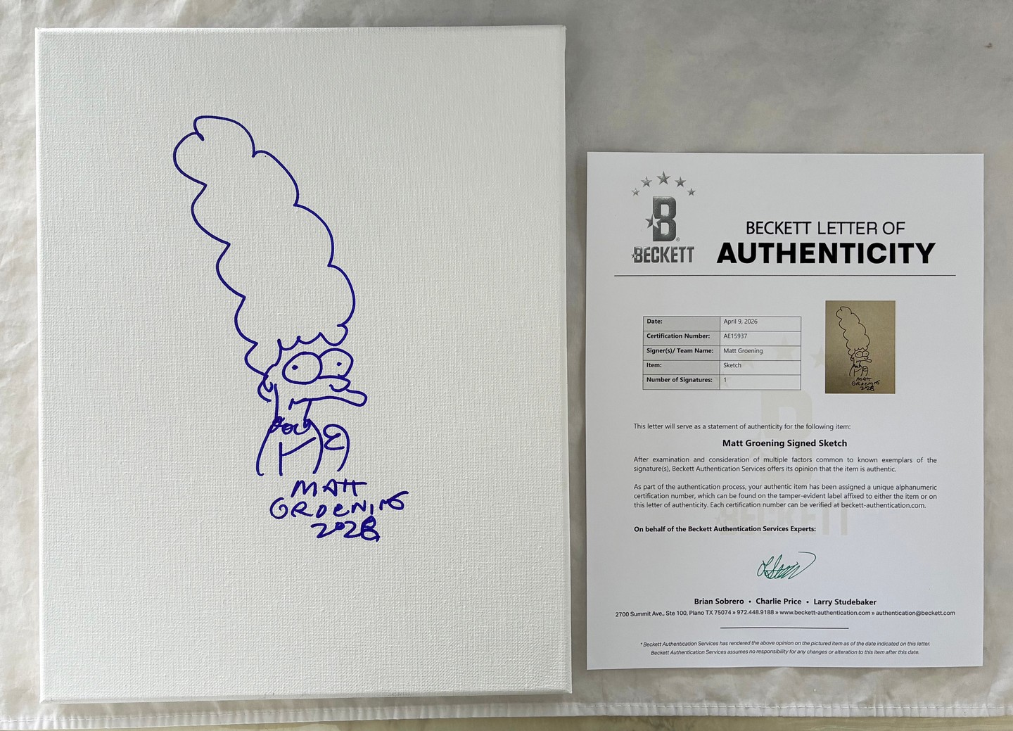 Matt Groening Signed 11x14 Sketch Hand Drawn Canvas The Simpsons Marge Beckett BAS